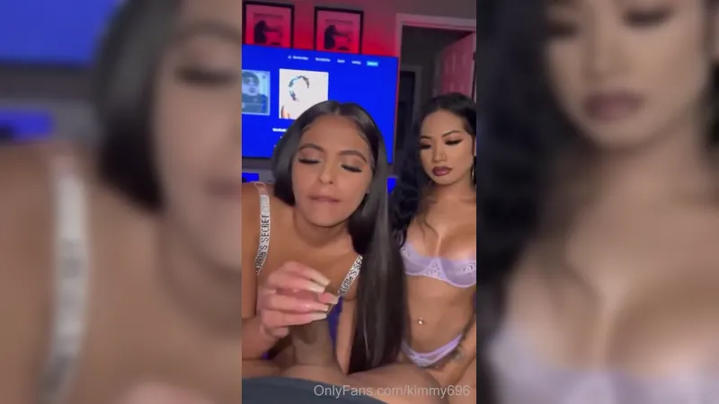 Kimmy696 and her Friend Giving Passionate Blowjob to a Big Cock Video