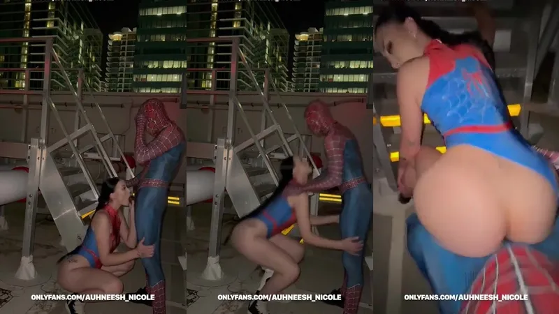 Auhneesh Nicole Spiderman Cosplay Outdoor Fucking Fucking in Top Of The Building