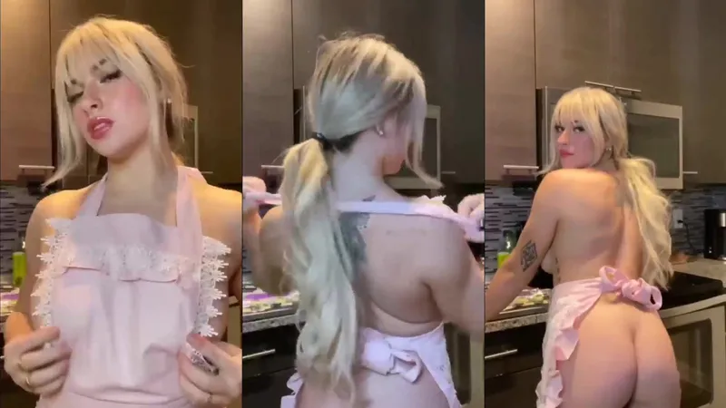 金髪美女エプロン姿でトゥエルクお尻を振りながら誘惑するOnlyFansビデオ