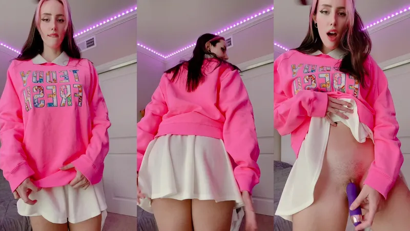 Morgpie Twerking Tease In Pink Hoodie And White Skirt With A Dildo Masturbation Show