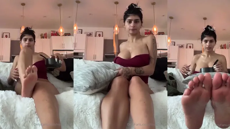 Mia Khalifa shows feet fetish in maroon lingerie on OnlyFans
