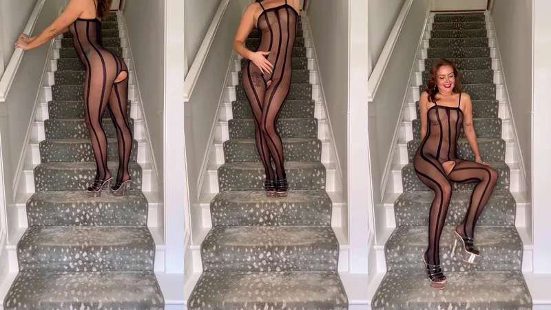 Leona Poses Seductively In Sheer Bodysuit And Heels On The Stairs