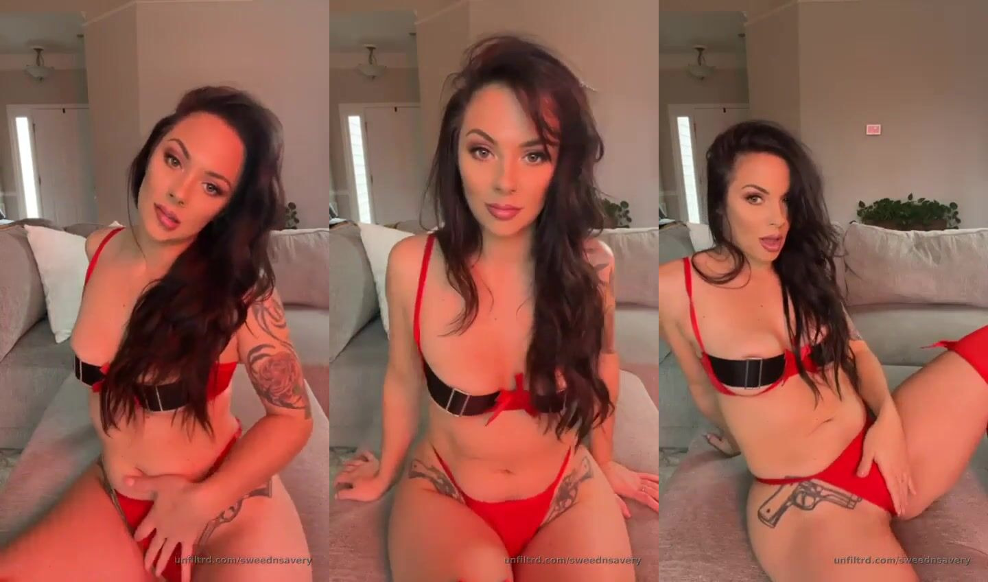 Sweednsavery Sizzling in Red Lingerie Teasing on Couch in POV Video