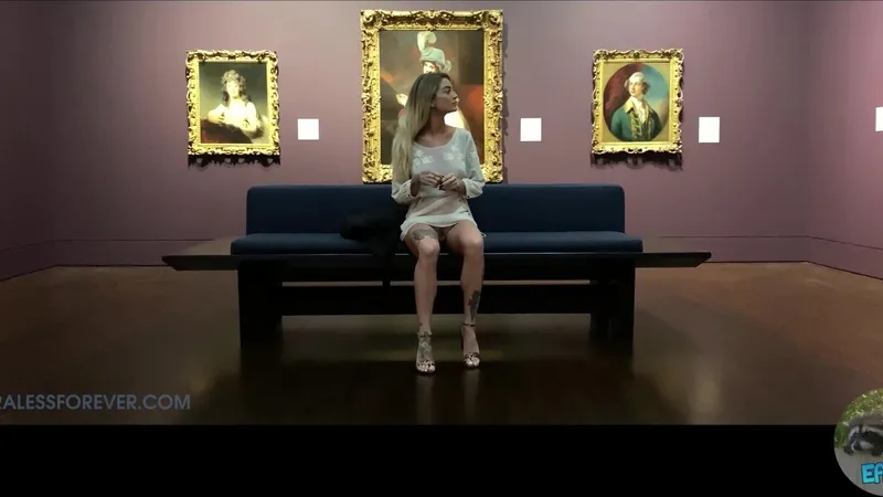 BralessForever Emma Shows Her Sexy Body In A Museum Wearing A White Dress