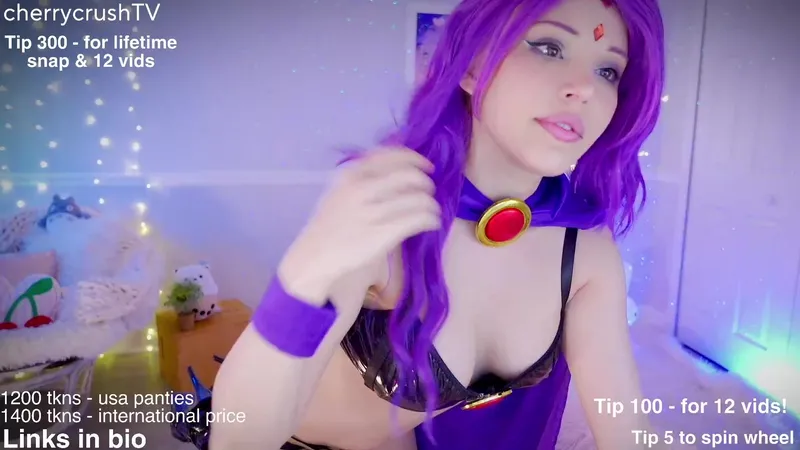 Cherry Crush in a Sexy Cosplay Stream Teasing Her Boobs in Purple Lingerie and Boots