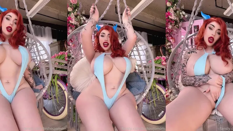 Bishoujomom Redhead Curvy Goddess Teases in Blue Lingerie on a Swing
