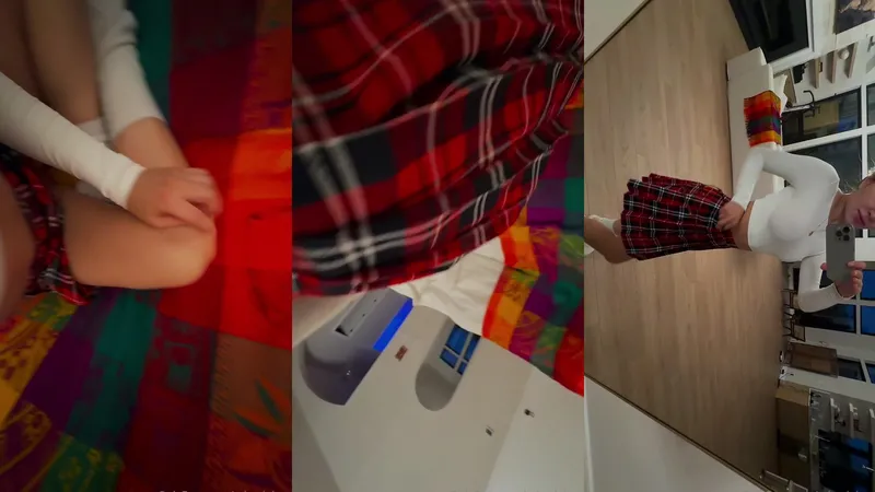 MiraJuice Takes Off Her Panties for a Quick Video in White Stockings and Plaid Skirt.