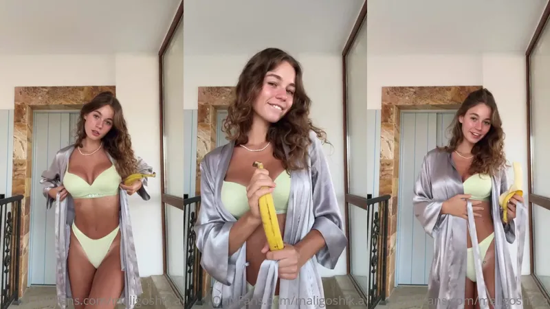 OnlyFans Anna Malygon Playing In A Lime Green Bikini And Grey Silk Robe Playing With Banana