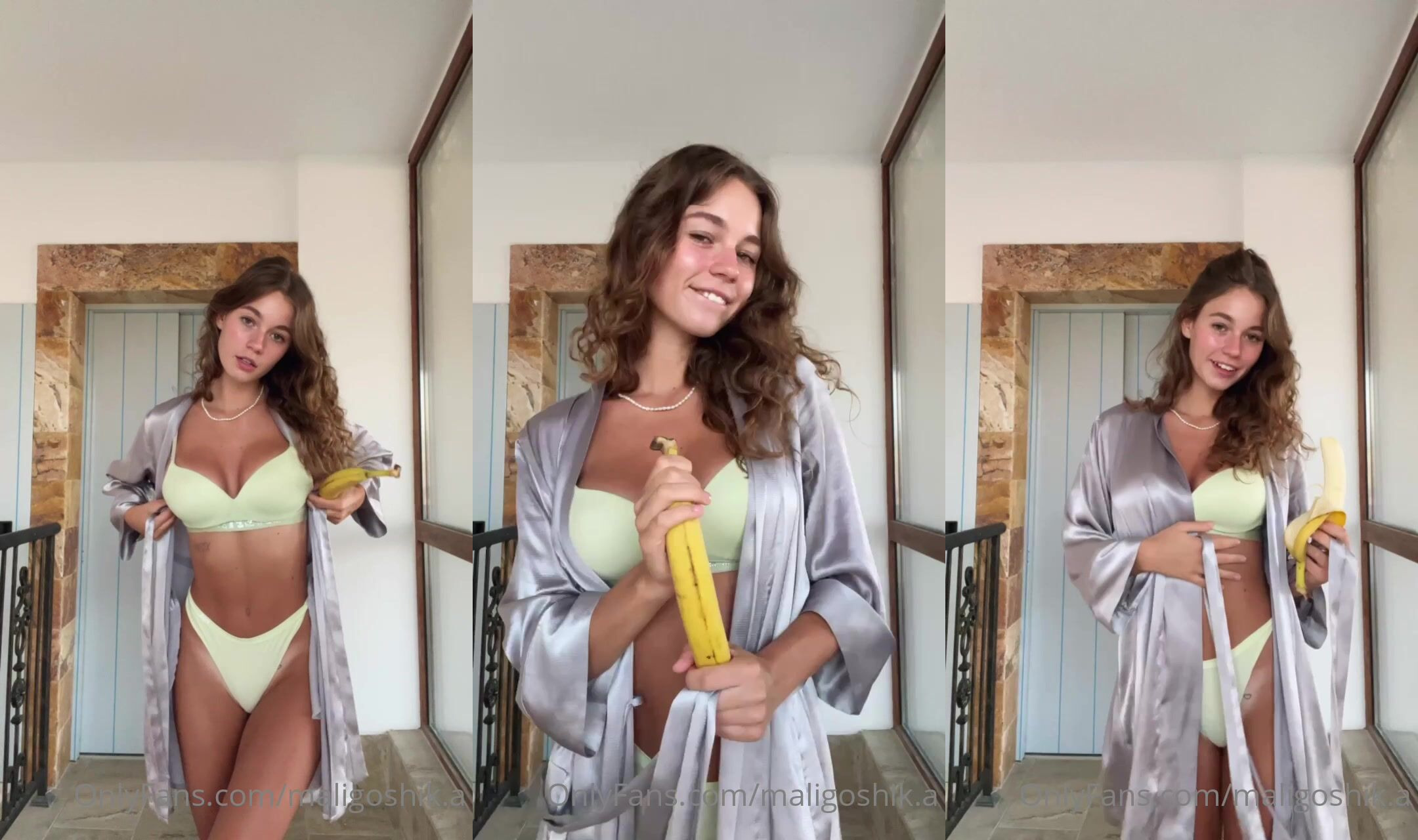 OnlyFans Anna Malygon Playing In A Lime Green Bikini And Grey Silk Robe Playing With Banana