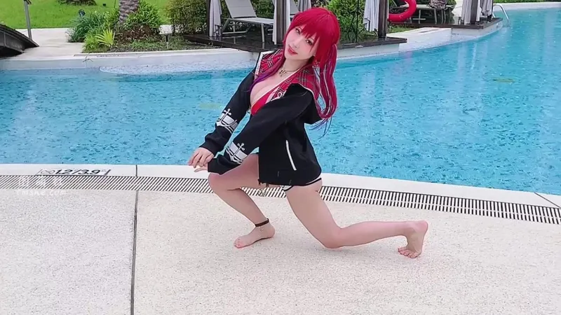 Haneame Petite Cutie, shows her boobs in a Red Bikini and Cosplay Outfit by the Poolside