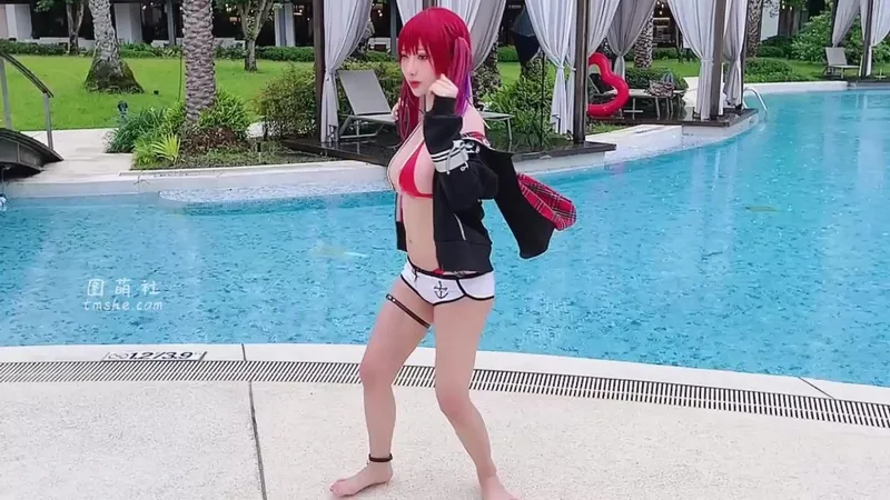 Haneame Petite Cutie, shows her boobs in a Red Bikini and Cosplay Outfit by the Poolside