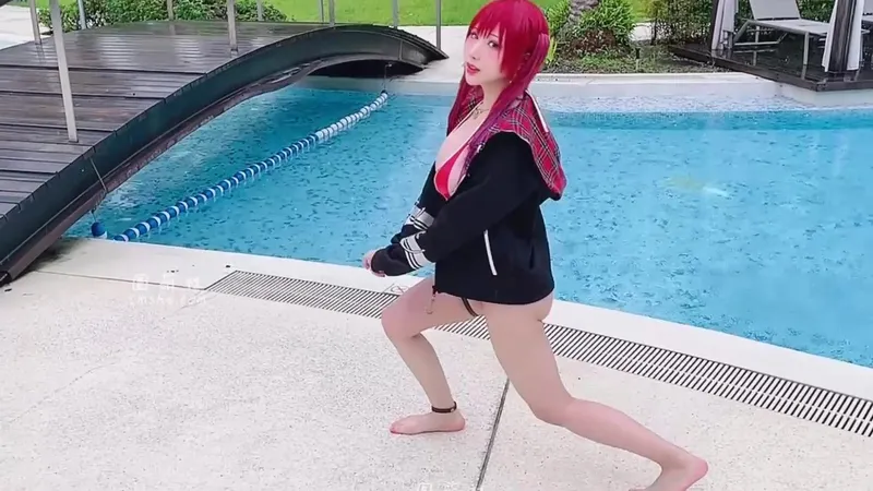 Haneame Petite Cutie, shows her boobs in a Red Bikini and Cosplay Outfit by the Poolside