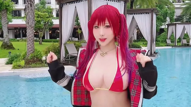 Haneame Petite Cutie, shows her boobs in a Red Bikini and Cosplay Outfit by the Poolside