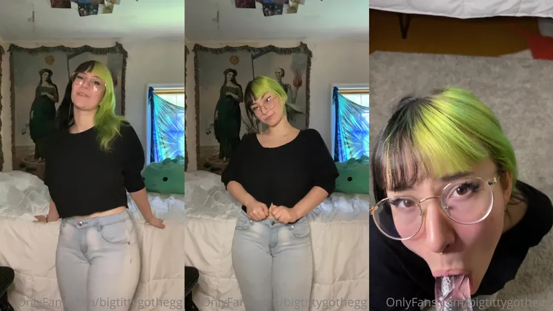 BigTittyGothegg Gives A Blowjob To A Glass Dildo In Bedroom With Glasses On In OnlyFans Video