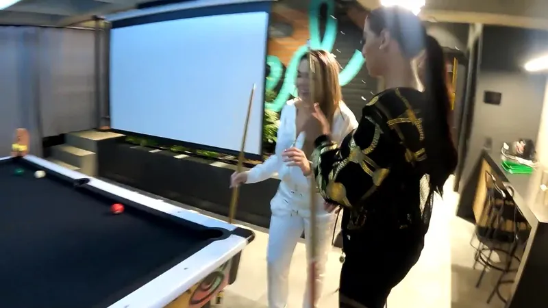 A threesome with two amazing latinas on a pool table