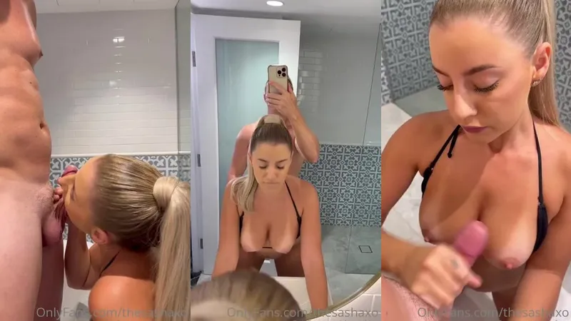SharnaXO OnlyFans Blonde Blowjob Video in a Bathroom with Handjob and Pink Vibrator Masturbation