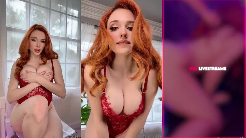 Amouranth Red Lingerie Striptease Teasing Her Big Boobs in Live Stream Video