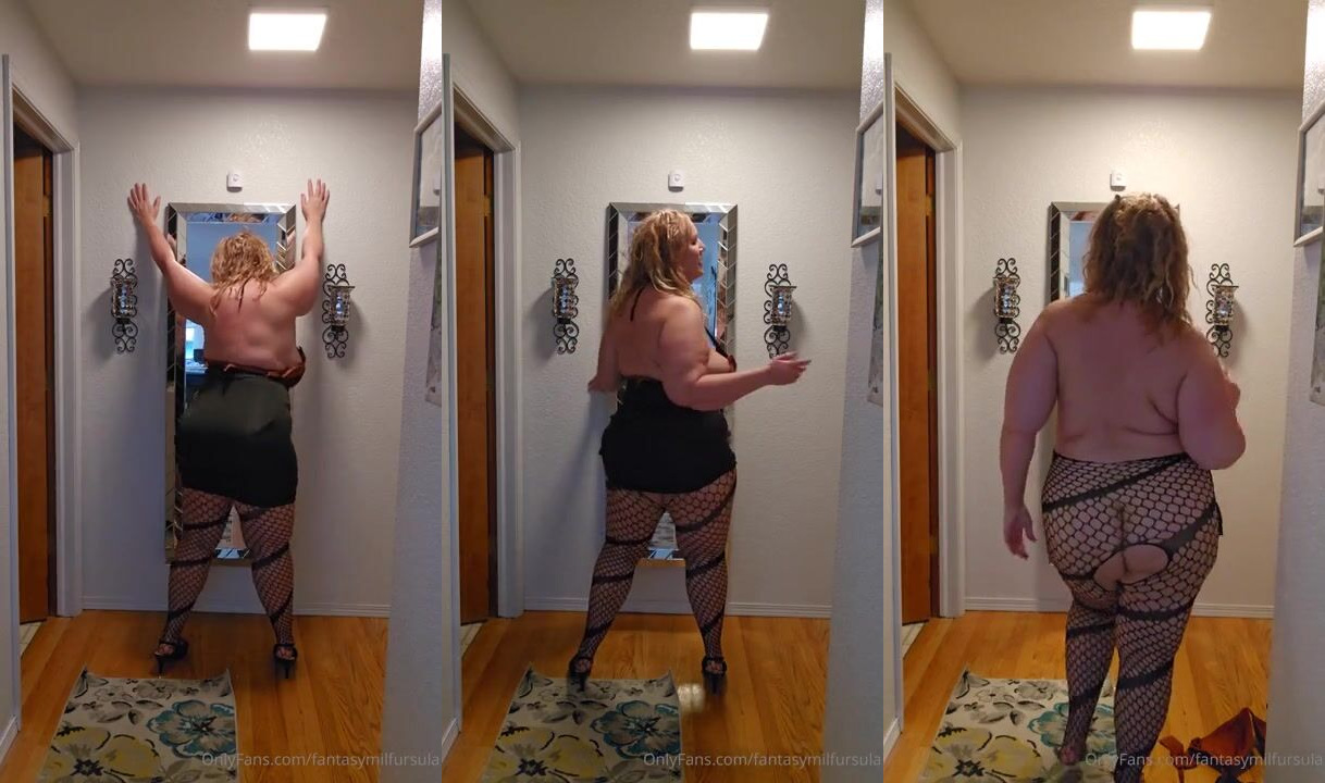 Curvy Goddess Ursula Andreia aka fantasymilfursula from OnlyFans shows off her thick thighs in black fishnet stockings and a tight black dress