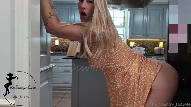 The_Country_Hotwife OnlyFans Blonde in Orange Dress Plays with Black Dildo in Kitchen
