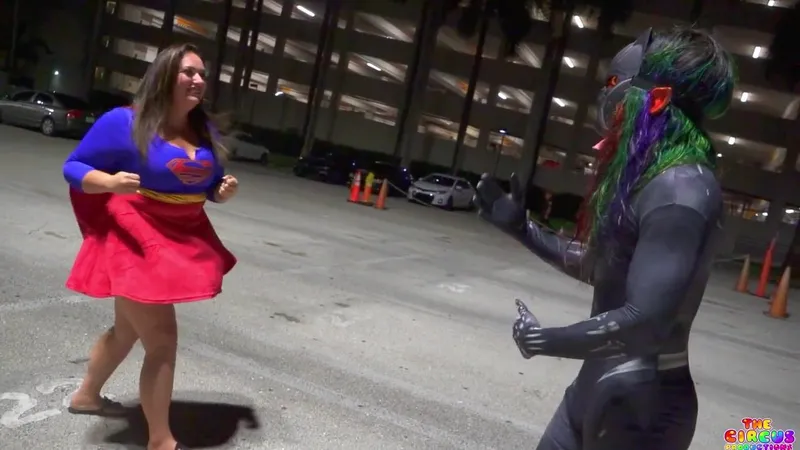 GibbyTheClown Gibby Panther and Supergirl Cosplay in a parking garage with a Public Breast Grope