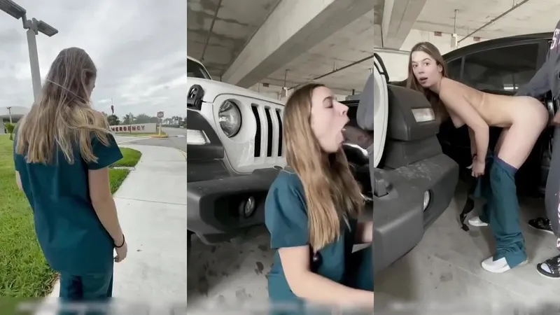 Izzy Teases as a Naughty Nurse Gulping Stranger Cock in Parking Lot Video