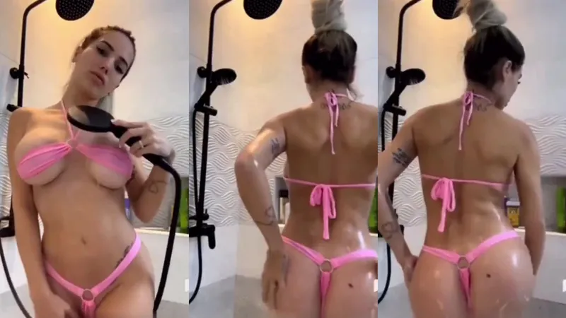 Manon Marsault Teases in Nude Hot Pink Bikini with See Through Nipples Slip in Bath Video