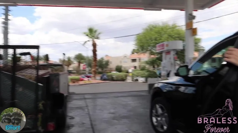 BralessForever A Cute Girl Pumping Gas In Public Wearing A High Cut Skirt And See Through Top